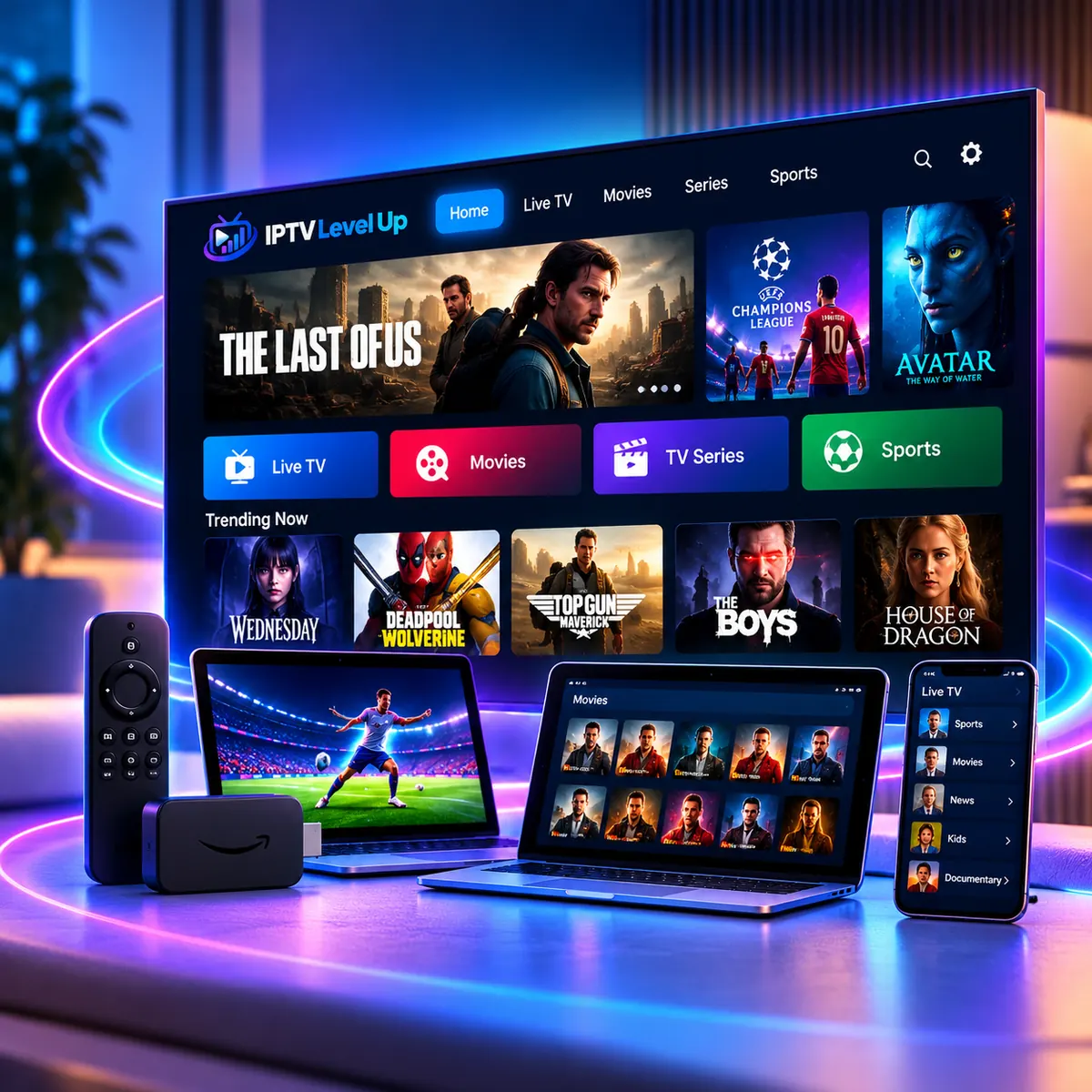 IPTV Level Up on a smart TV, Firestick, laptop, tablet and phone